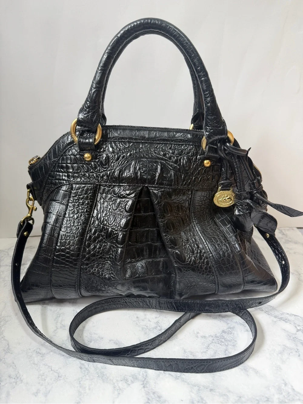 Brahmin Louise Rose Black Croc Embossed Leather Satchel crossbody bag purse - Picture 1 of 9